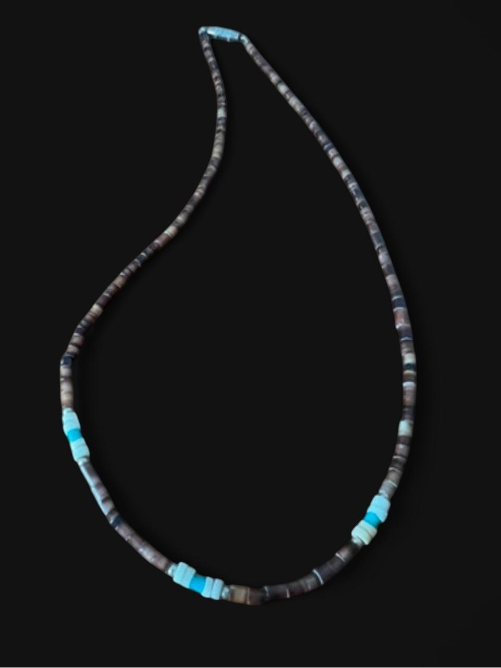 Vintage Surfer Style Delicate Turquoise Accent Brown Shell Beaded Necklace
